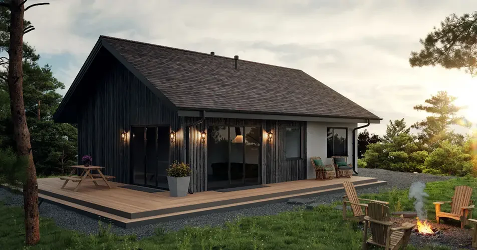 Maison moderne avec terrasse en bois, forêt environnante.